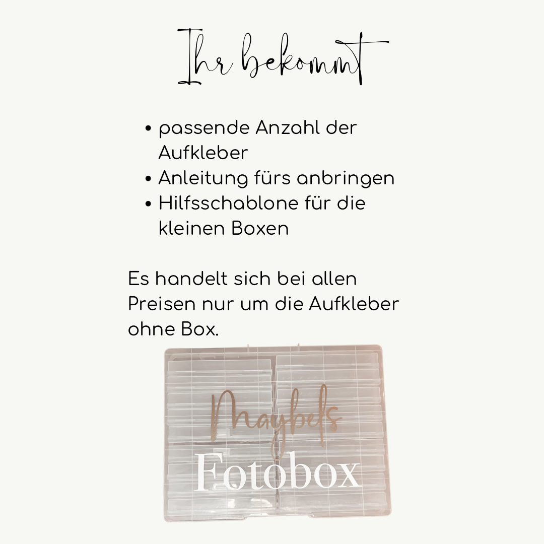 Aufkleber für Fotoboxen mit Name und Schriftzug