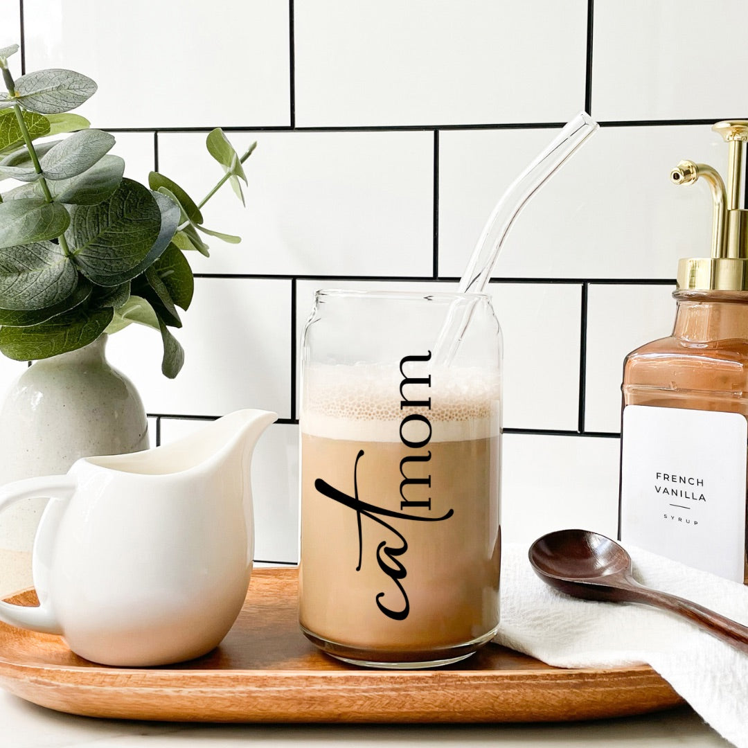 Eiskaffeglas "Catmom" mit Trinkhalm und Deckel| Trinkglas | Longdrinkglas