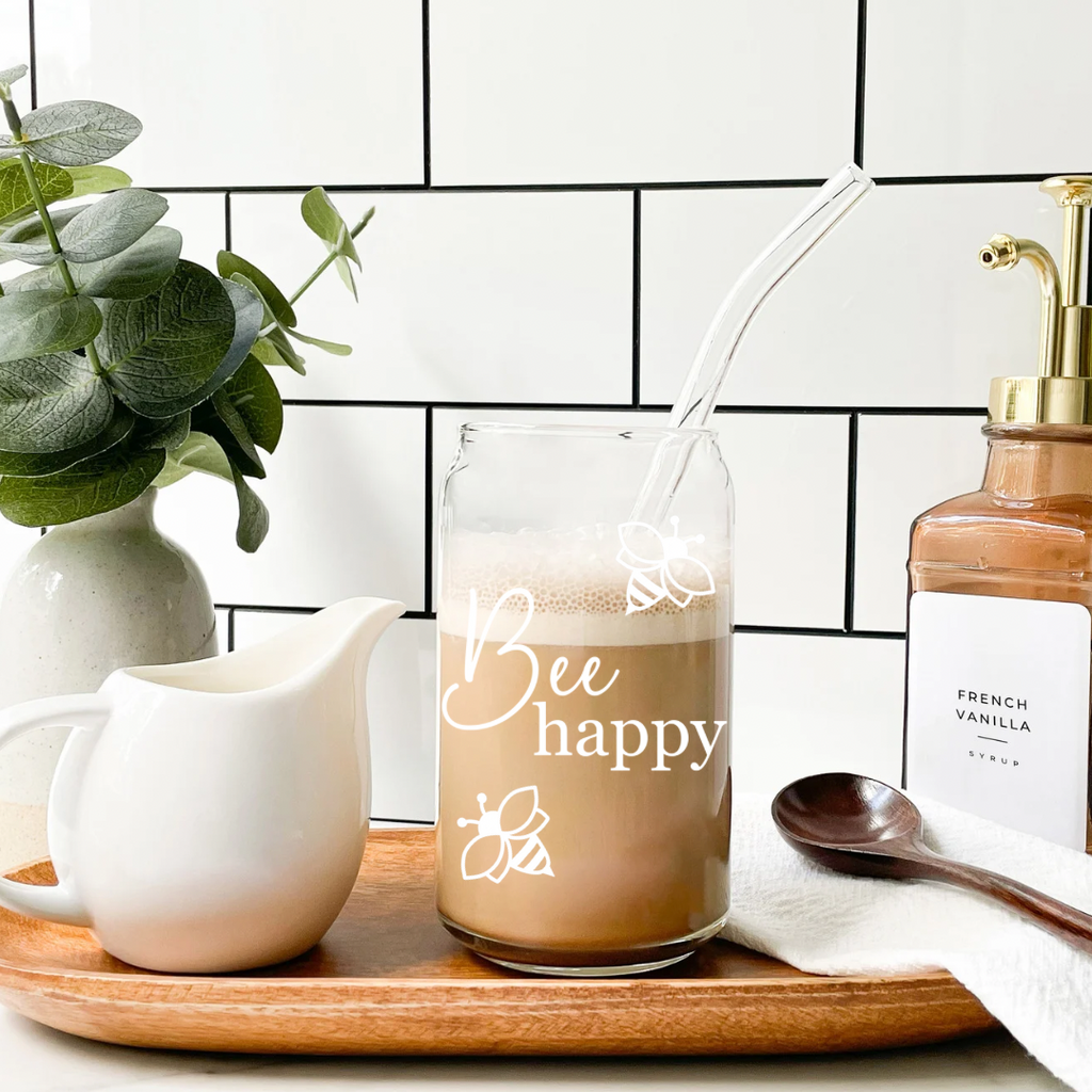 Eiskaffeglas "Bee happy" mit Trinkhalm und Deckel| Trinkglas | Longdrinkglas