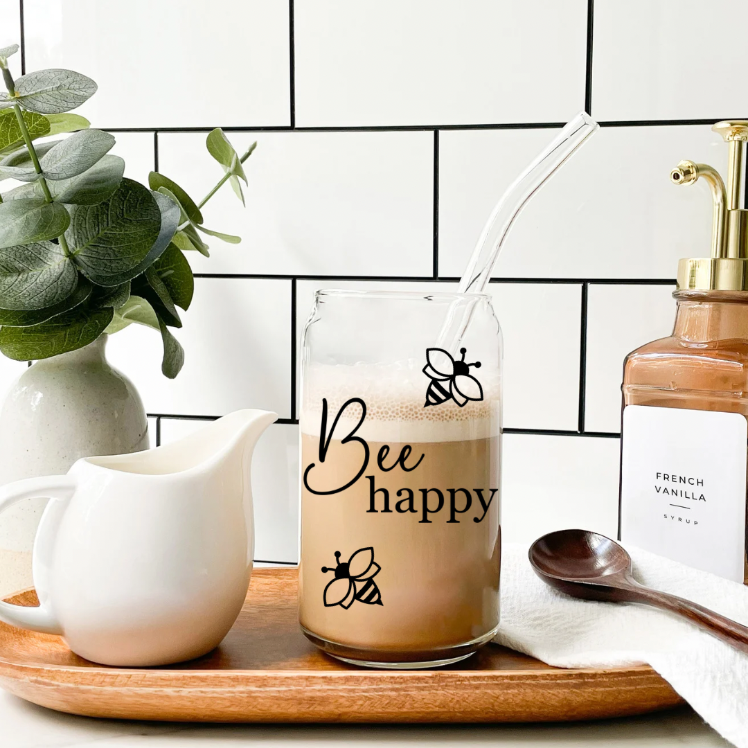 Eiskaffeglas "Bee happy" mit Trinkhalm und Deckel| Trinkglas | Longdrinkglas