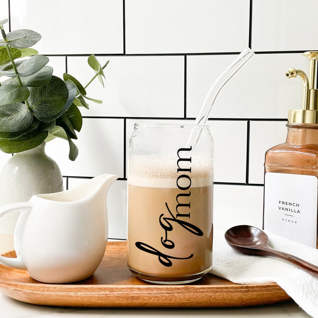 Eiskaffeglas "Dogmom" mit Trinkhalm und Deckel| Trinkglas | Longdrinkglas