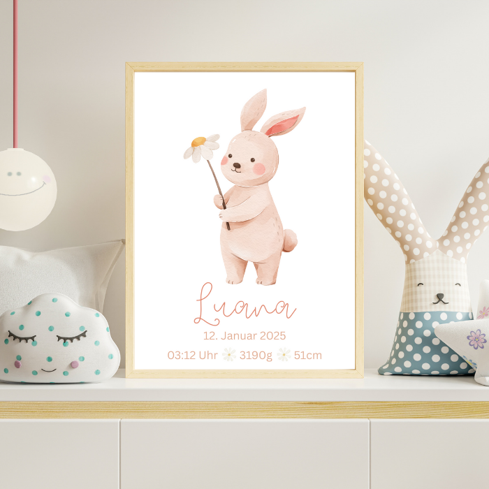 Geburtsposter Hase mit Blume – personalisiertes Babybild mit Namen & Geburtsdaten – Kinderzimmer Deko A4/A3 – Geschenk zur Geburt