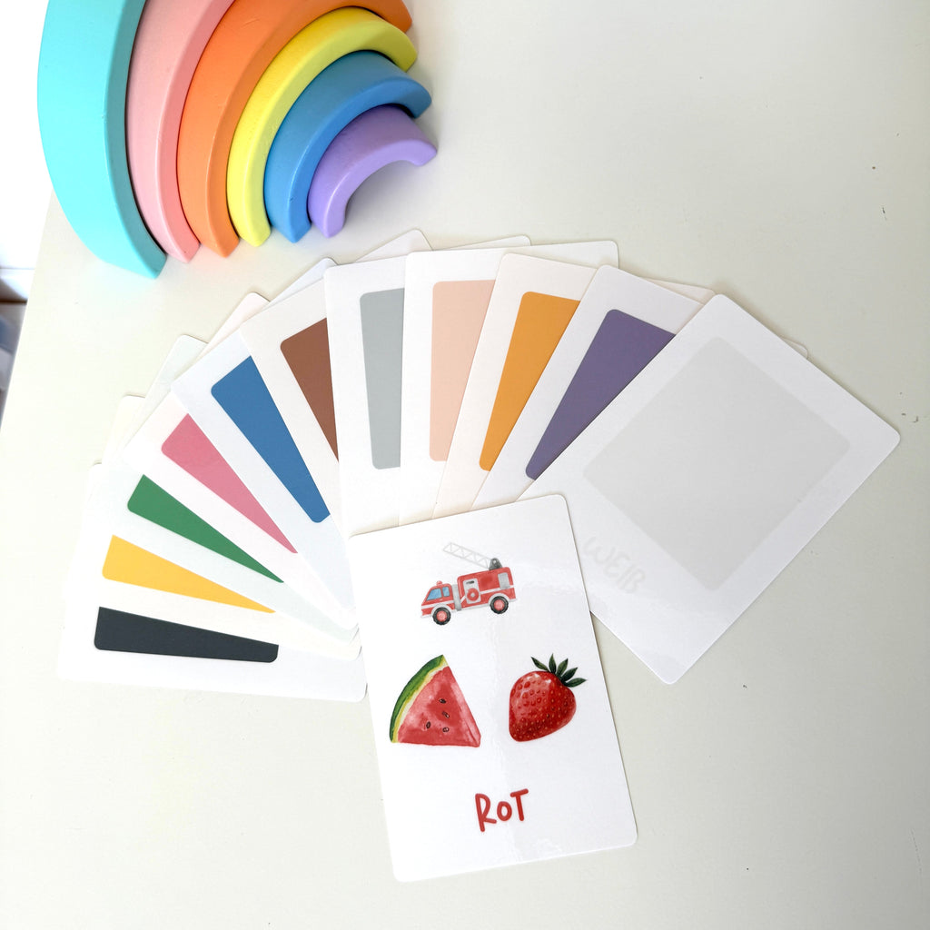 Lernkarten Farben für Kinder | 12 stabile Farbkarten DIN A6 | Montessori inspiriert, laminiert & beidseitig bedruckt