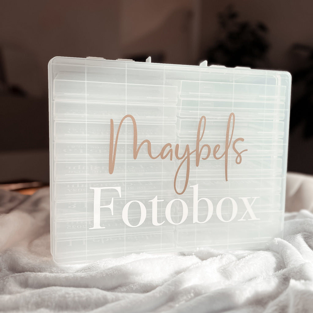 Aufkleber für Fotoboxen mit Name und Schriftzug