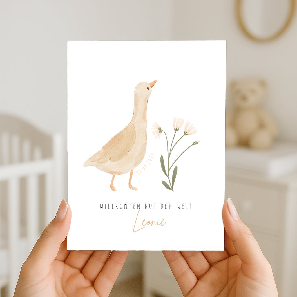Grußkarte zur Geburt „Kleine Gans“ – personalisiert mit Name & Datum