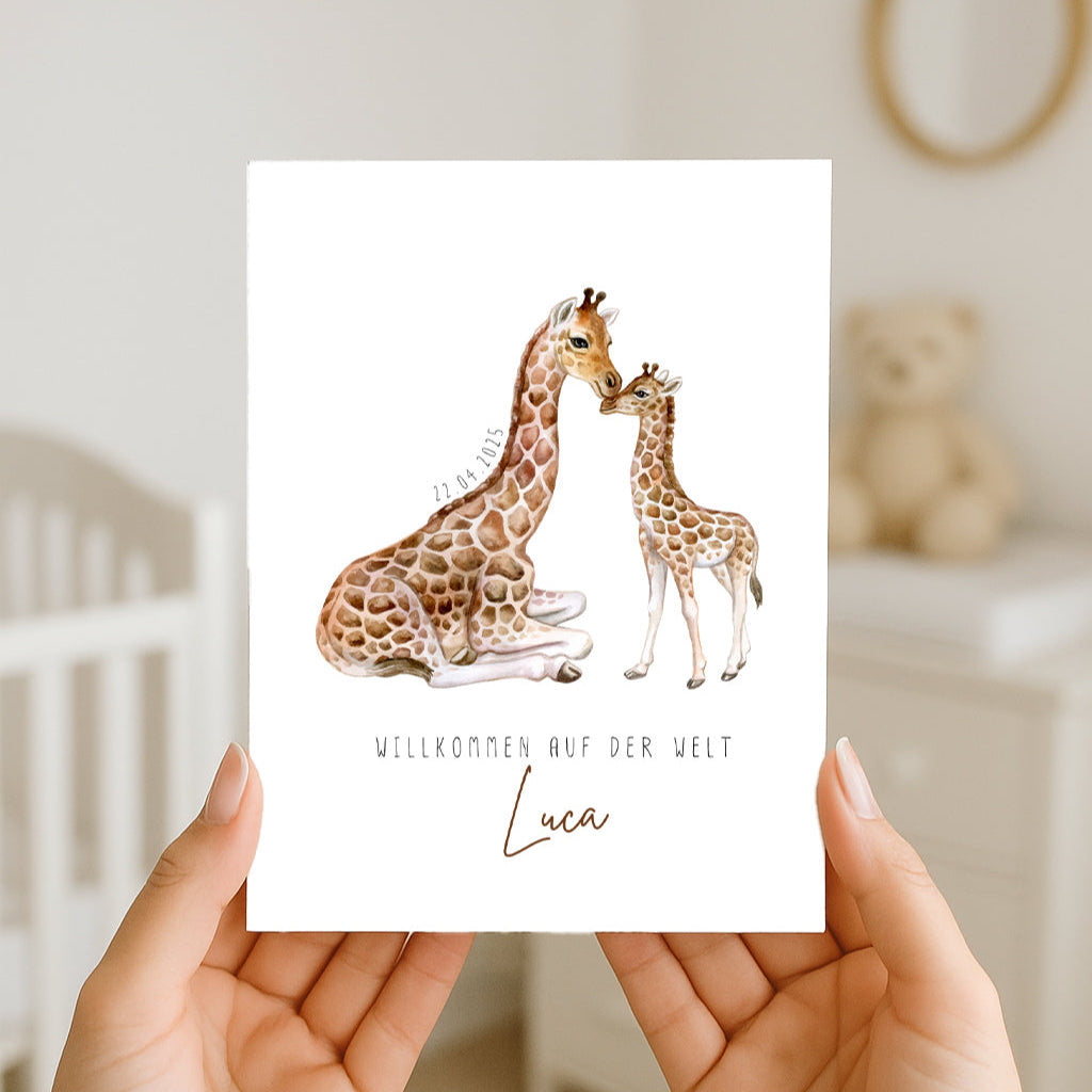 Grußkarte zur Geburt „Giraffenliebe“ – personalisiert mit Name & Datum