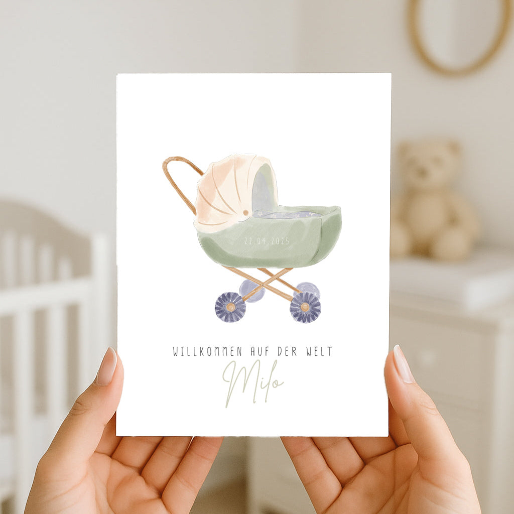 Grußkarte zur Geburt „Kinderwagen blau“ – personalisiert mit Name & Datum