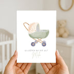 Grußkarte zur Geburt „Kinderwagen blau“ – personalisiert mit Name & Datum