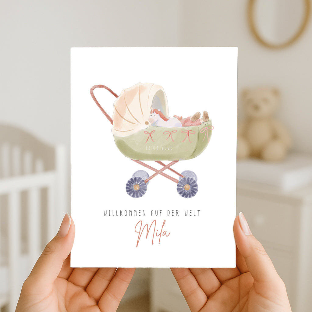Grußkarte zur Geburt „Kinderwagen rosa“ – personalisiert mit Name & Datum