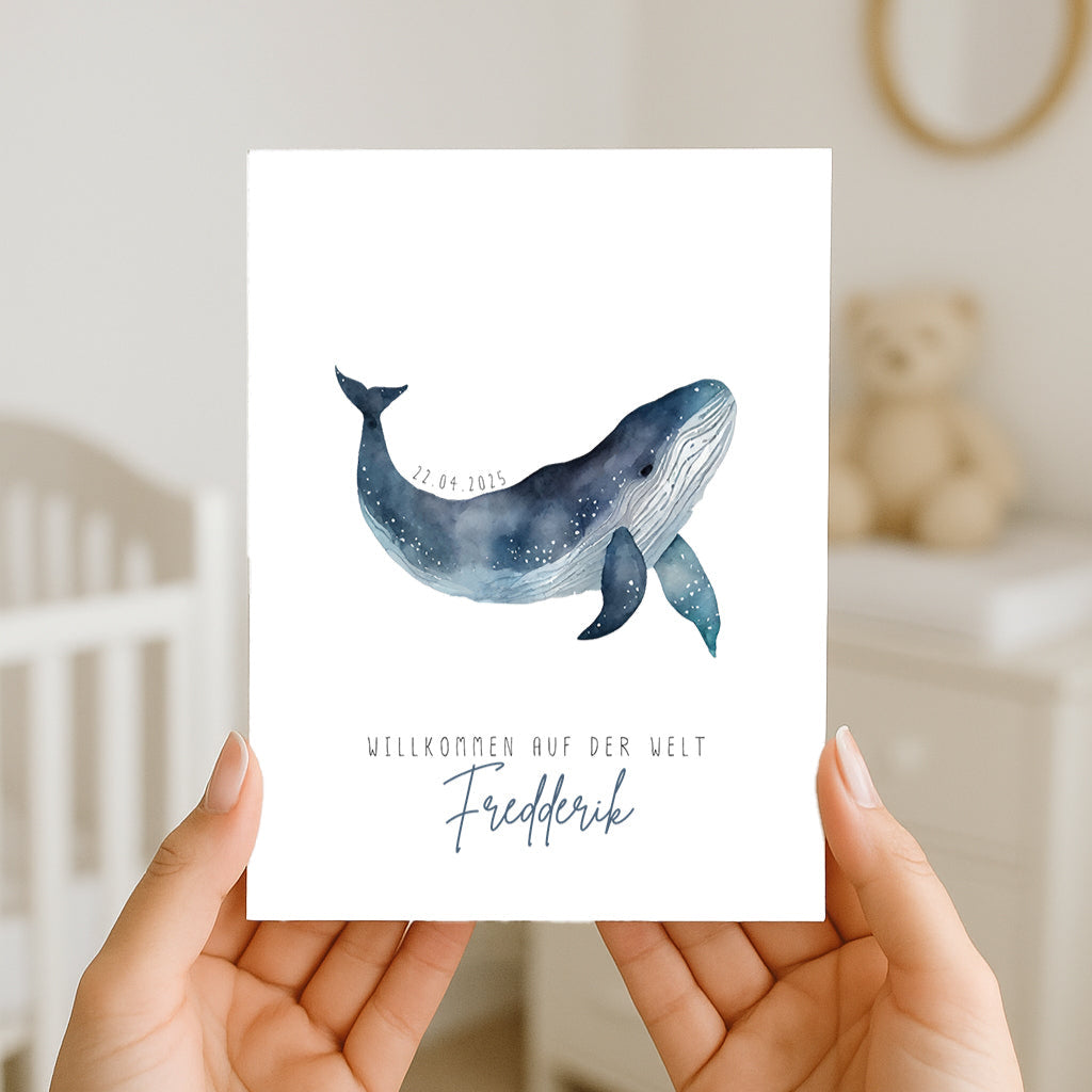 Grußkarte zur Geburt „Kleiner Wal“ – personalisiert mit Name & Datum