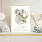 Geburtsposter Koala personalisiert – Name & Geburtsdaten – Kinderzimmer Deko Junge oder Mädchen A4/A3 – Geschenk zur Geburt