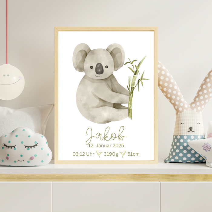 Geburtsposter Koala personalisiert – Name & Geburtsdaten – Kinderzimmer Deko Junge oder Mädchen A4/A3 – Geschenk zur Geburt