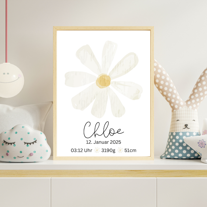 Geburtsposter mit Blume personalisiert – Name & Geburtsdaten – Kinderzimmer Poster – Geschenk zur Geburt A4/A3 – Margerite Illustration