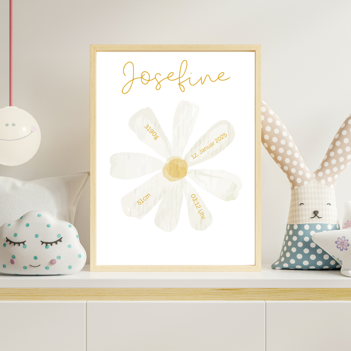 Geburtsposter mit Blume personalisiert – Name & Geburtsdaten – Kinderzimmer Poster – Geschenk zur Geburt A4/A3 – Margerite Illustration (Kopie)