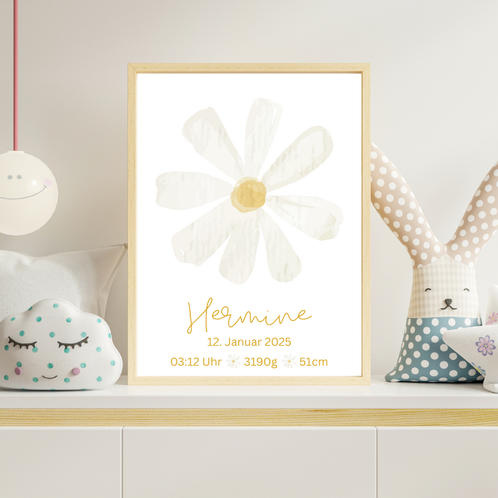 Geburtsposter mit Blume personalisiert – Name & Geburtsdaten – Kinderzimmer Poster – Geschenk zur Geburt A4/A3 – Margerite Illustration