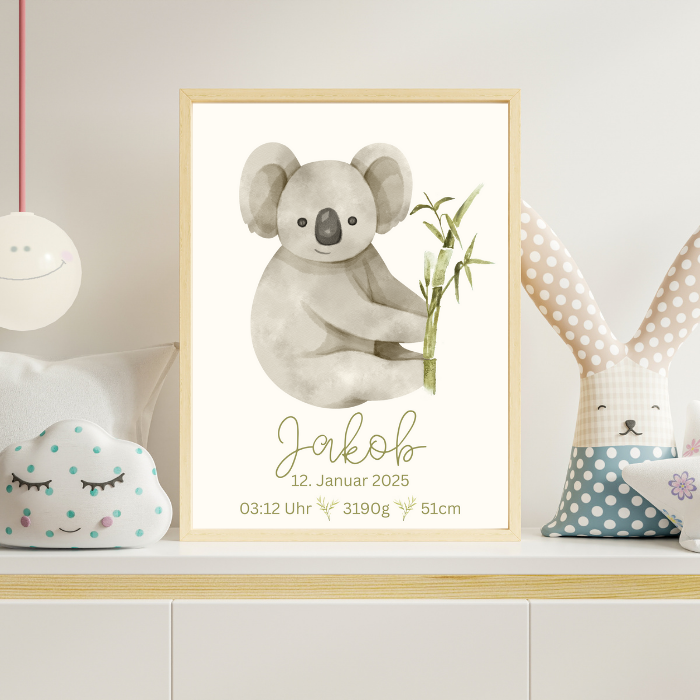 Geburtsposter Koala personalisiert – Name & Geburtsdaten – Kinderzimmer Deko Junge oder Mädchen A4/A3 – Geschenk zur Geburt
