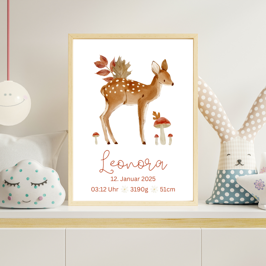 Personalisierbares Geburtsposter Reh | Baby Poster mit Geburtsdaten