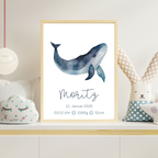 Geburtsposter mit Wal – personalisiertes Babybild mit Namen & Geburtsdaten – maritime Kinderzimmerdeko A4/A3 – Geschenk zur Geburt