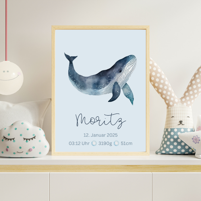 Geburtsposter mit Wal – personalisiertes Babybild mit Namen & Geburtsdaten – maritime Kinderzimmerdeko A4/A3 – Geschenk zur Geburt