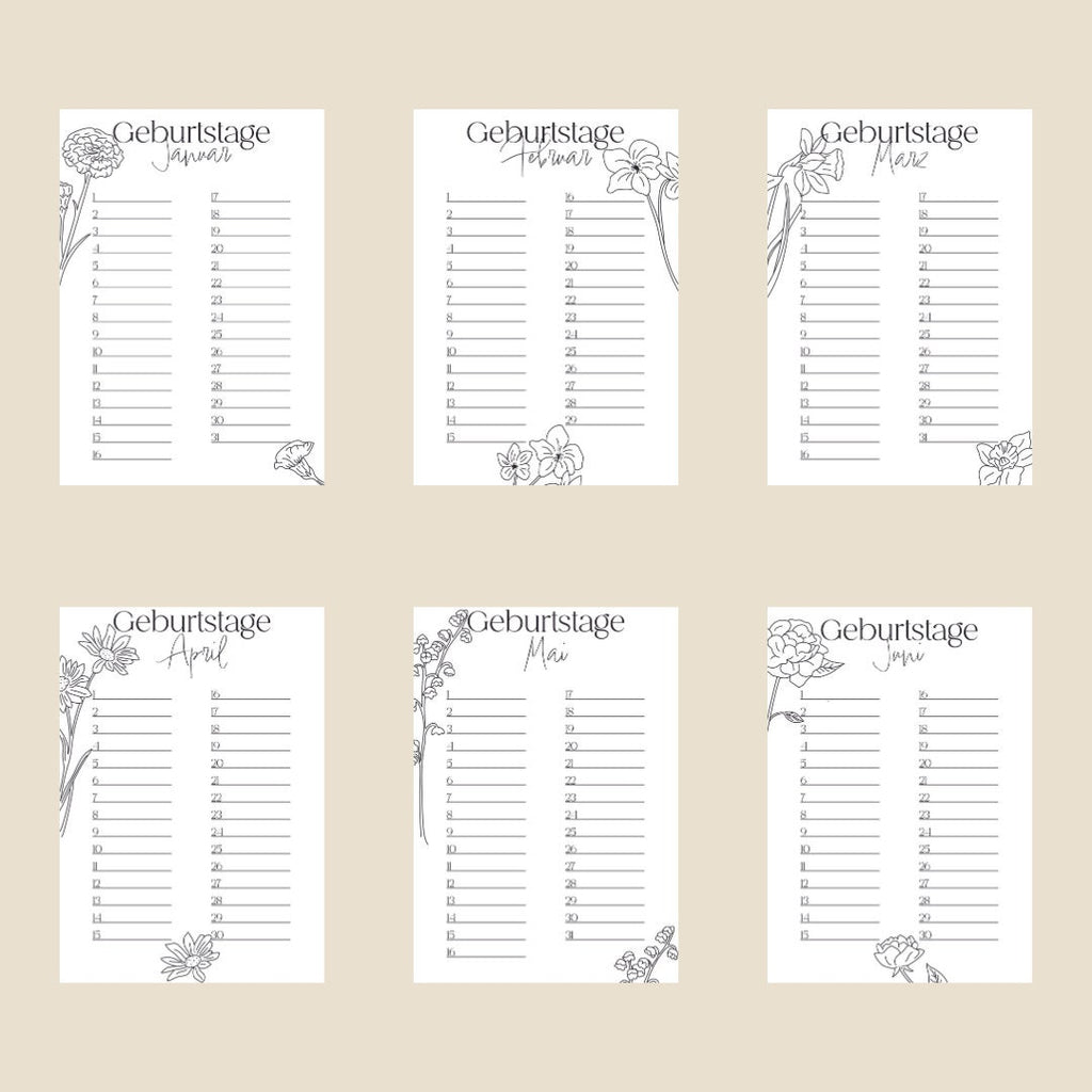 Geburtstagskalender | Tischkalender | Kalender | Monatsblumen