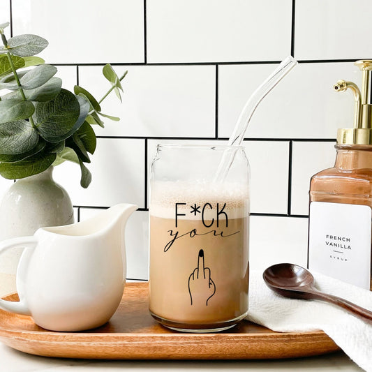 Eiskaffeglas "Mittelfinger" mit Trinkhalm und Deckel| Trinkglas | Longdrinkglas